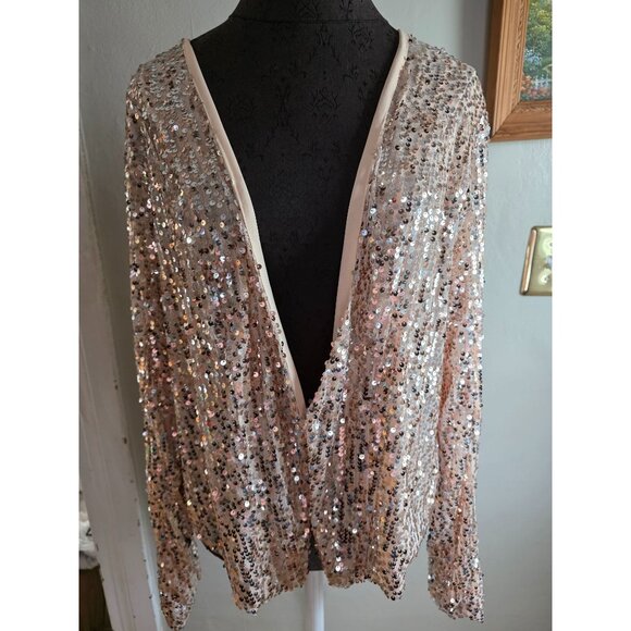 Torrid Womens Sequin Open Front Cardigan Size L Beige & Gold - Picture 2 of 6